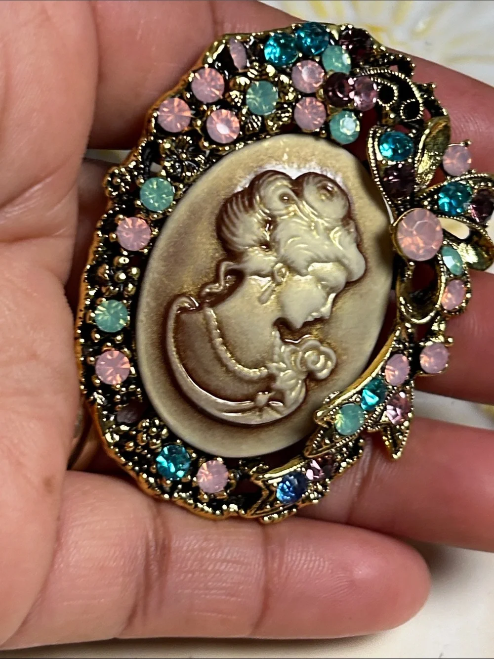 Vintage-Style Gold Cameo Brooch with Pink, Teal & Purple Crystals